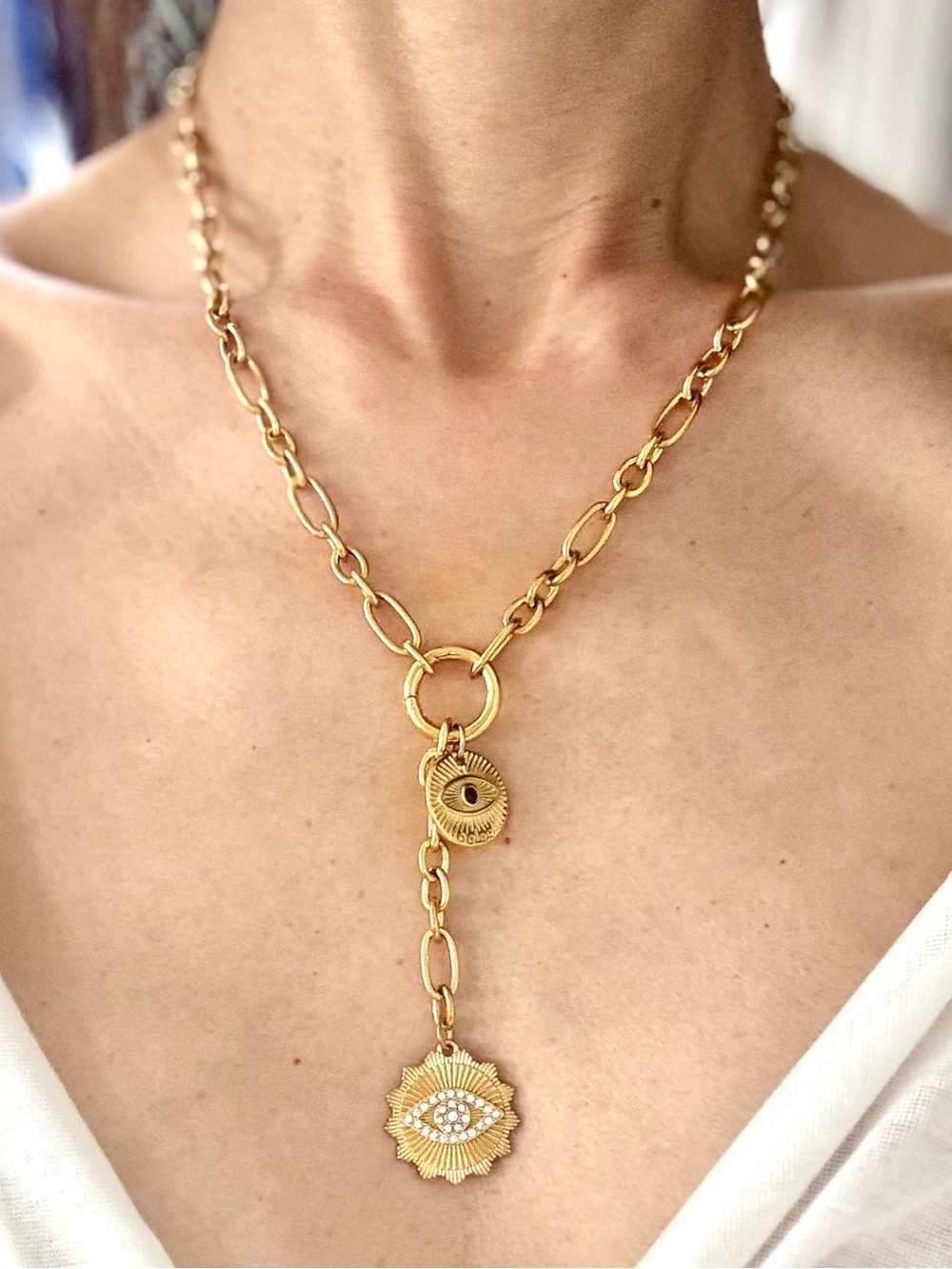 Gold Evil Eye Paperclip Chain Y-Lariat Necklace ✨ Celestial Boho Chic